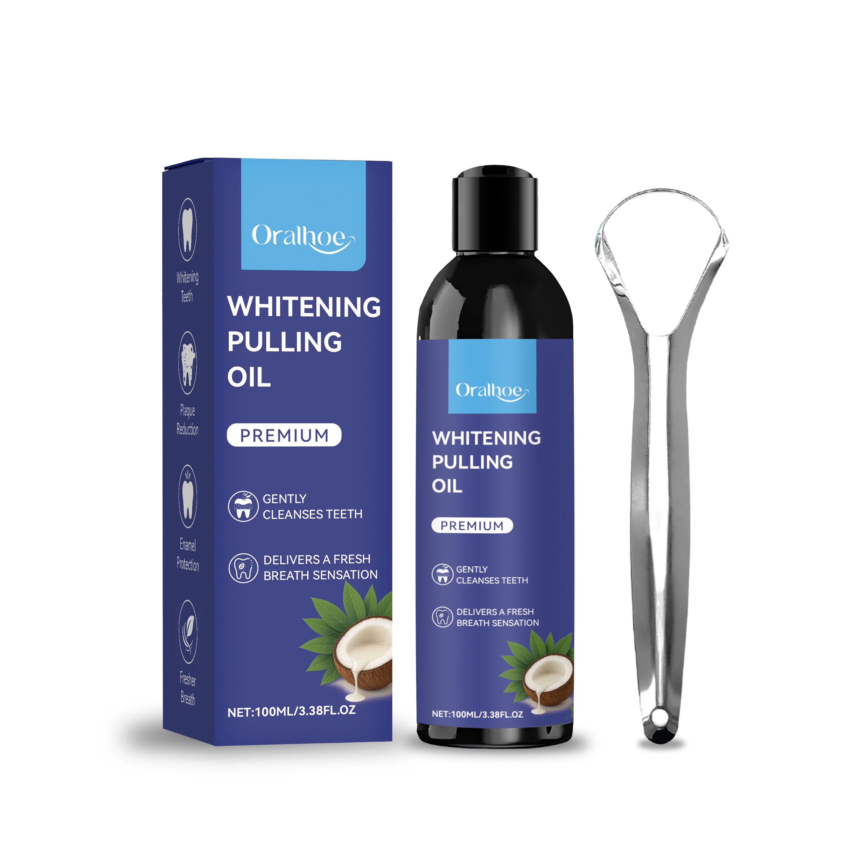 Huile de Coco Blanchissante pour Oil Pulling – Bain de Bouche à la Menthe avec Gratte-Langue